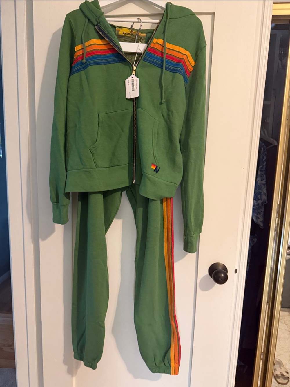 Aviator Nation Green Track Jacket & Joggers with Rainbow Stripes